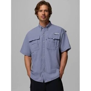 Columbia PFG Bahama II Short Sleeve Fishing Shirt Blue Gray Mens Large L/G